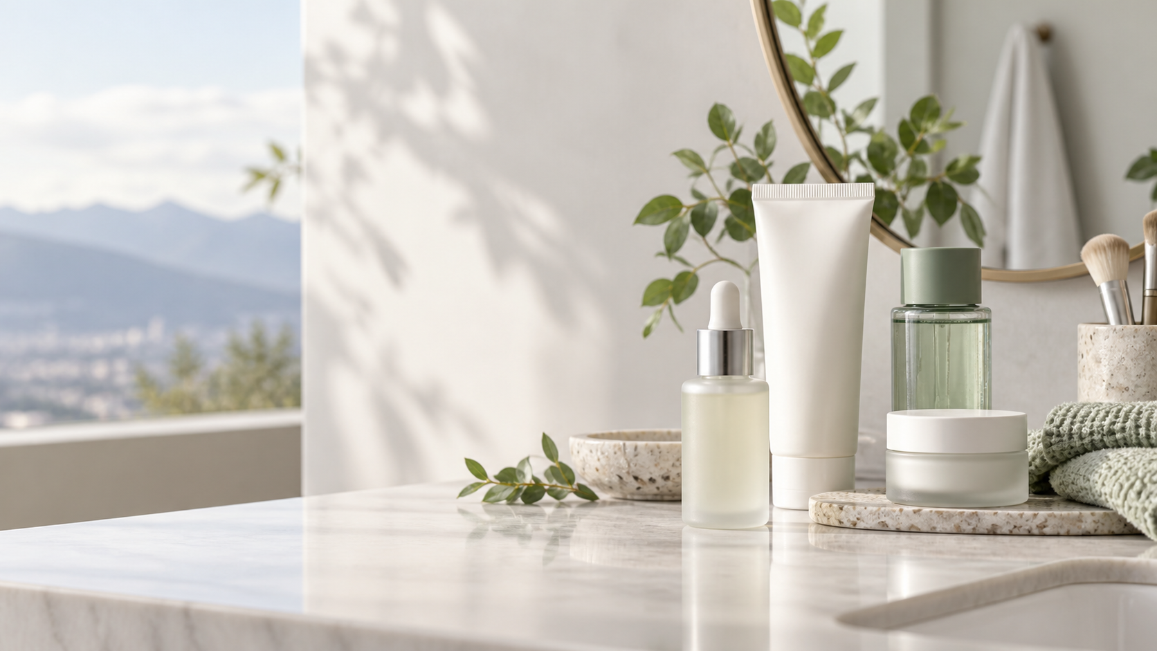 Set de productos para el cuidado de la piel sin marcas sobre una mesa de baño iluminada por luz natural